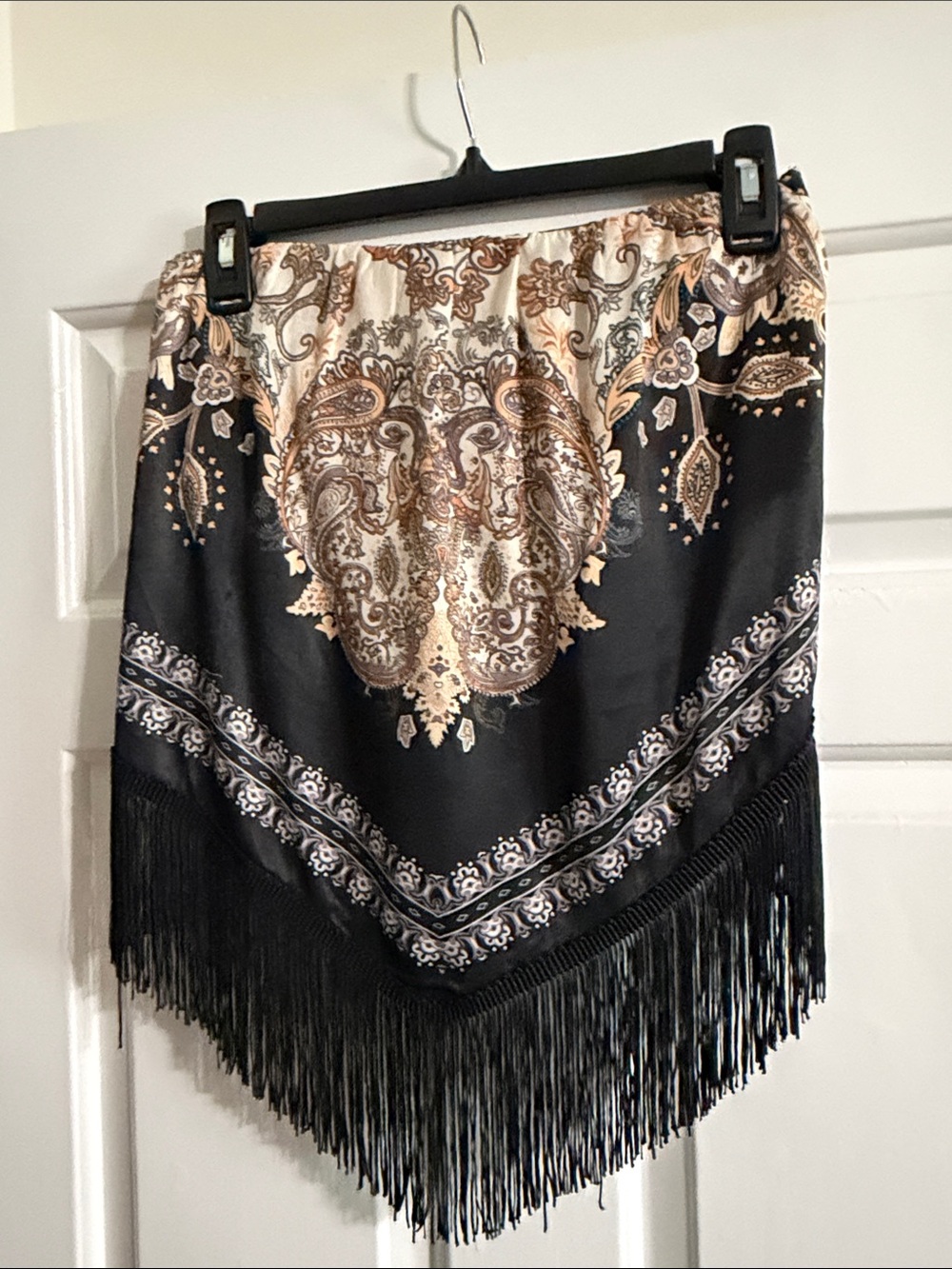 Daytrip Black Paisley Fringe Crop Top with Tan & Cream Accents